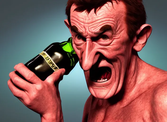 Image similar to barry chuckle chugging a bottle of snake oil, artwork by richard corben, 3 d, high resolution 8 k