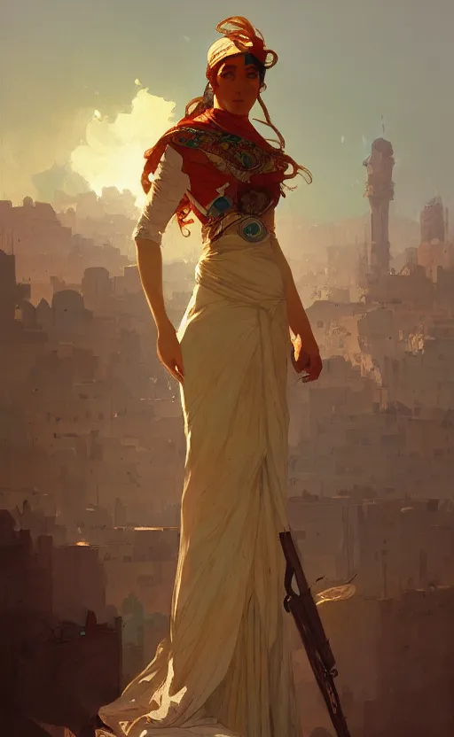 Prompt: a personification of the country palestine, highly detailed, digital painting, artstation, concept art, sharp focus, illustration, art by greg rutkowski and alphonse mucha
