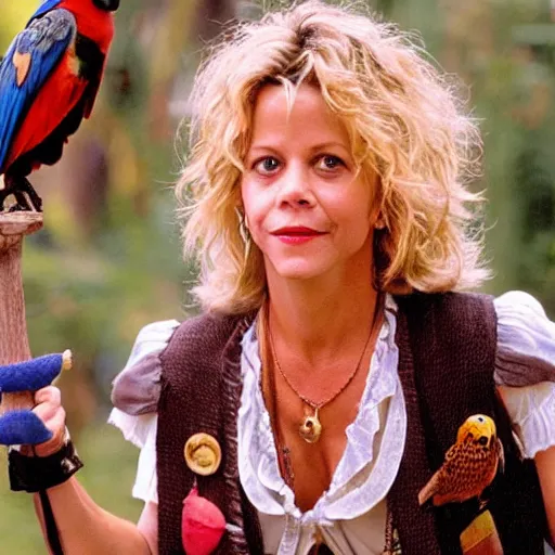 Image similar to Meg Ryan dressed as a pirate 🦜 with a wooden leg and a parrot on her shoulder and an eye patch on a pirate ship