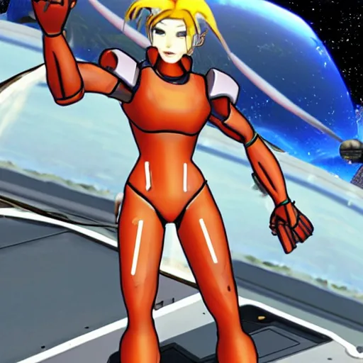 Image similar to samus aran working at a space restaurant