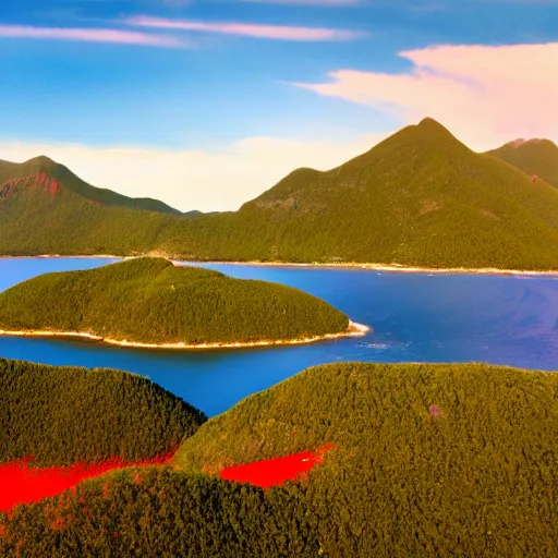 Image similar to a camera capture high resolution photograph of a large flat verdant island with large mountains with red peaks