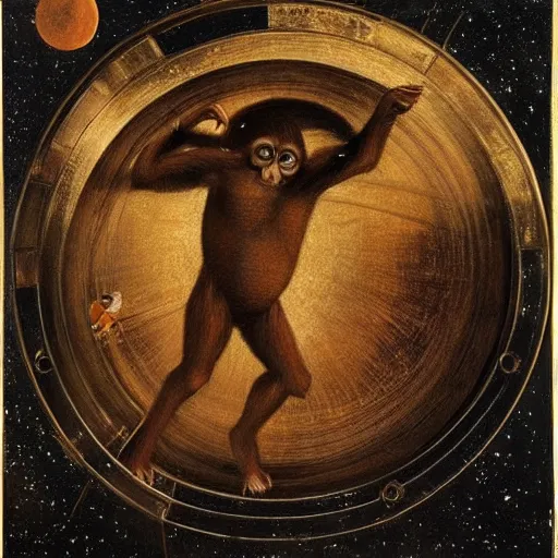 Image similar to hyper realistic, space monkey and astronaut opening door that shows space and time created by davinci with extra detail, epic, golden ratio.