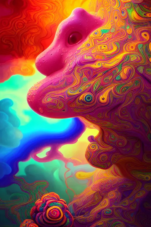 Image similar to colorful liquid smoke and clouds forming faces, animal shapes and flowers, an extremely colorful psychedelic experience, dmt, psilocybin, lsd, intricate, elegant, highly detailed, digital painting, artstation, smooth, sharp focus, illustration, art by krenz cushart, hana yata, octane render, unreal engine, 8 k