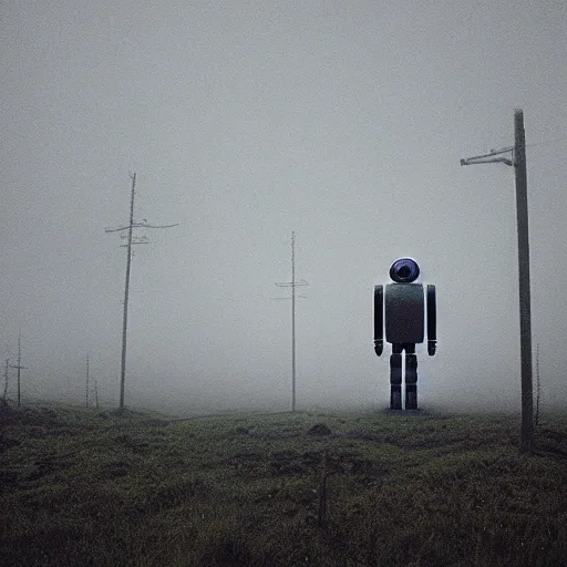 Image similar to the liminal observer droid by dennis mejillones, in a brutalist yet rural landscape by simon stalenhag, 3 5 mm film photography, dawn, eerie fog