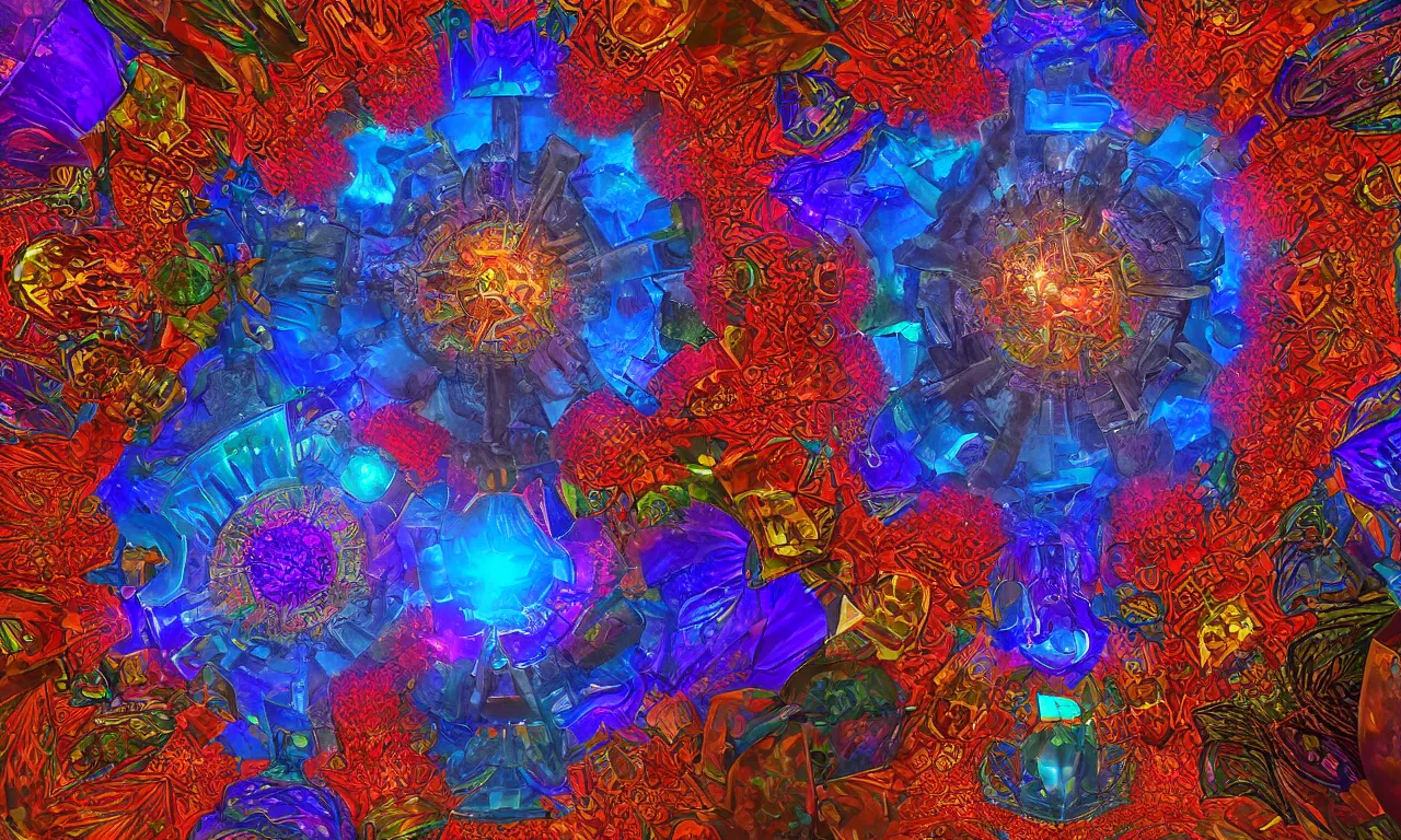 Image similar to voronoi engine laboratory 3 d volume kaleidoscope mandala fractal chakra digital multicolor stylized concept substance liquid nebula stone, a spectacular view cinematic rays of sunlight comic book illustration, by john kirby radiating a glowing aura global illumination ray tracing hdr depth fog overlay multiply photoshop layer