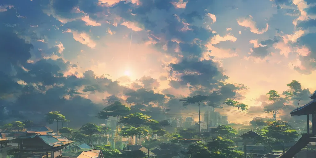 Image similar to vivid 80s anime indonesian architecture and landscape by makoto shinkai, beautiful, gorgeous, dramatic lighting, rule of thirds, perfect composition, trending on ArtStation, 8k