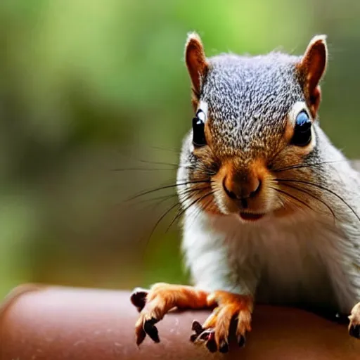 Prompt: A squirrel with a helmet made of acorn, real photo