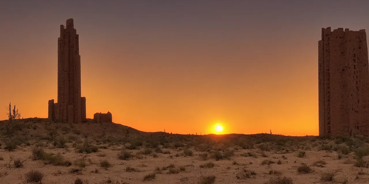 Prompt: sunset on a desert, eldritch tower in the middle distance, green tinged sky with a red sun