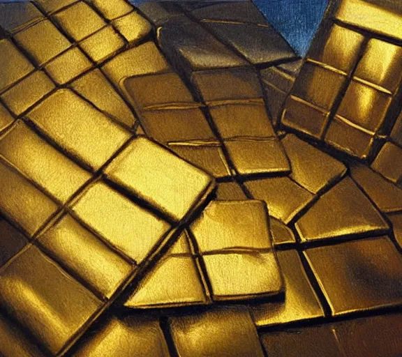 Prompt: gold bars business money oil painting