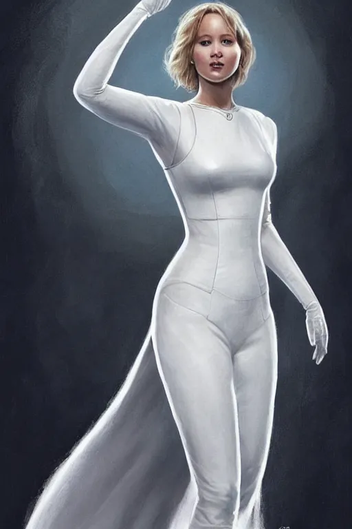 Image similar to Jennifer Lawrence as Queen wearing a White Outfit, anatomy, only two hands, highly detailed, digital painting, artstation, concept art, smooth, sharp focus, illustration, Unreal Engine 5, 8K, art by art by artgerm and greg rutkowski and edgar maxence