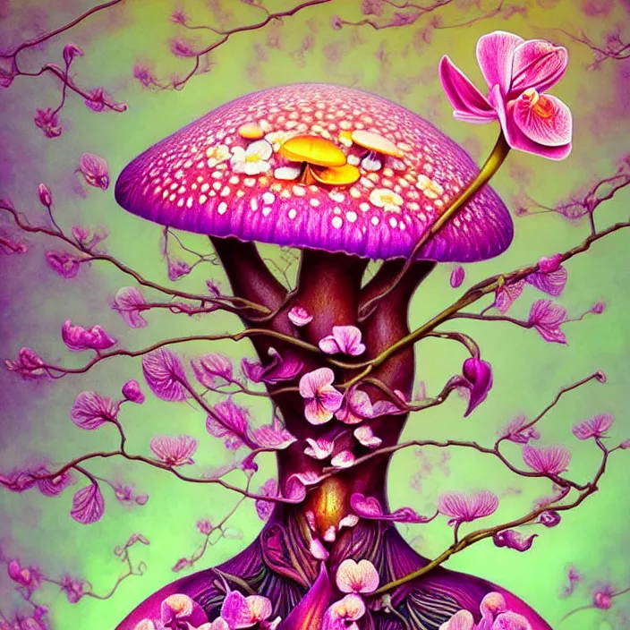 Prompt: extremely psychedelic fetus made of orchid and cherry blossom tree and mushroom, LSD, diffuse lighting, fantasy, intricate, elegant, highly detailed, lifelike, photorealistic, digital painting, artstation, illustration, concept art, smooth, sharp focus, art by John Collier and Albert Aublet and Krenz Cushart and Artem Demura and Alphonse Mucha