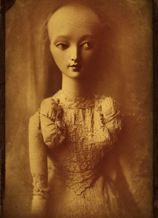 Prompt: tintype vintage photograph portrait of a beautiful female jointed handmade wooden art doll, made of wood, by agostino arrivabene, by fernand khnopff, by rembrandt, volumetic lighting, rendered in octane, wet plate, photography, photorealistic