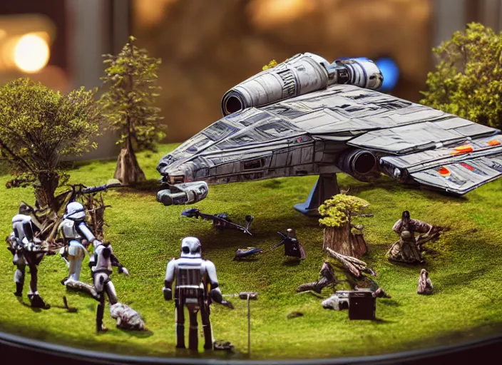 Image similar to a detailed photo of a realistic diorama with star wars toys, macro photography, zoom, model trees, table