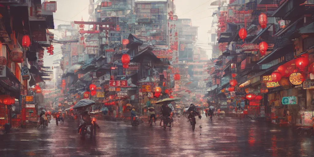 Image similar to a quiet petaling street in chinatown, kuala lumpur, pedestrians, cars, motorbikes, rainy day, matte painting, studio ghibli, artstation