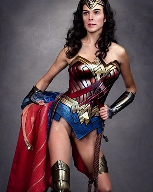 Image similar to Wonder Woman as a Chimpanzee, Makeup and Prosthetics in the Style of Rick Baker, hyperreal and Detailed+Studio lighting+photography in the style of Annie Leibovitz
