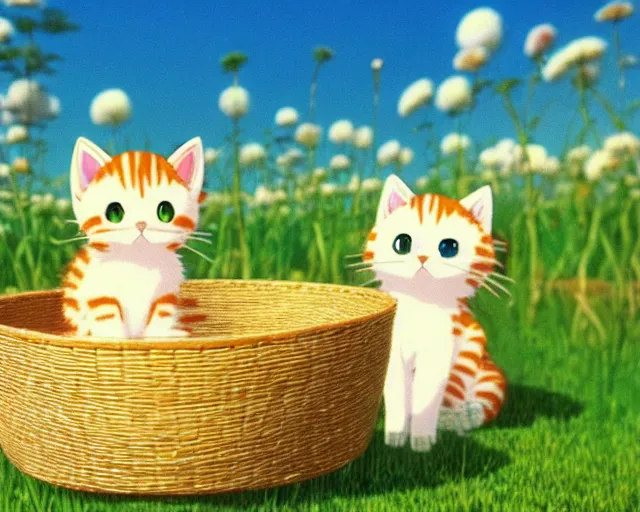 Prompt: anime fine details portrait of cute little kittens sitting in a straw basket in a meadow near a pond, bokeh. anime masterpiece by Studio Ghibli. 8k, sharp high quality classic anime from 1990 in style of Hayao Miyazaki