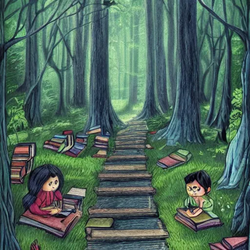 Image similar to a path through a forest with lots of books, a storybook illustration by pamela ascherson, pinterest, fantasy art, storybook illustration, enchanting, whimsical