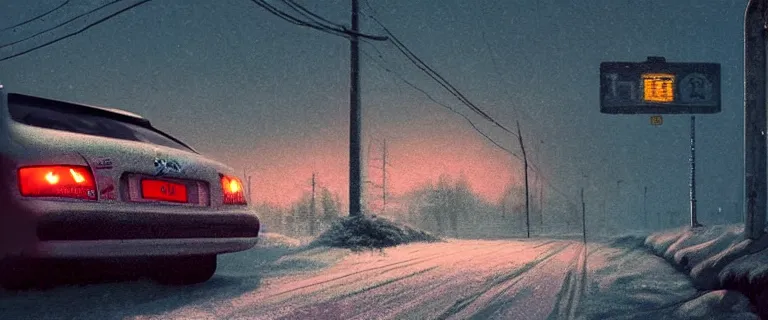 Image similar to Audi A4 B6 Avant (2002), a gritty neo-noir, dramatic bright lighting, cinematic, establishing shot, extremely high detail, photorealistic, cinematic lighting, artstation, by simon stalenhag, Snowy finnish road, At night, Poets of the Fall - Late Goodbye