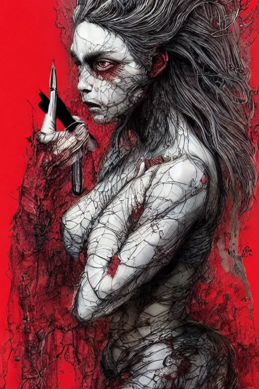Prompt: portrait of a beautiful woman transforming into a terrible werewolf, torn red clothes, pen and ink, intricate line drawings, by Yoshitaka Amano, Ruan Jia, Kentaro Miura, Artgerm, watercolor