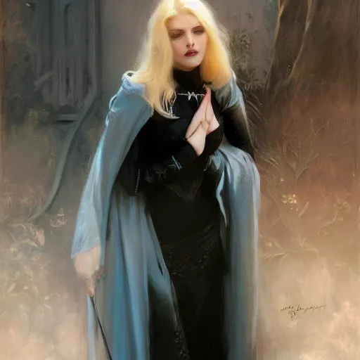 Image similar to detailed cinematic wide shot of beautiful attractive blonde vampire woman black clothes slim face symettrical face clean skin blue eyes black robe smooth, sharp focus, ultra realistic, spring light, painting by gaston bussiere, craig mullins, j. c. leyendecker