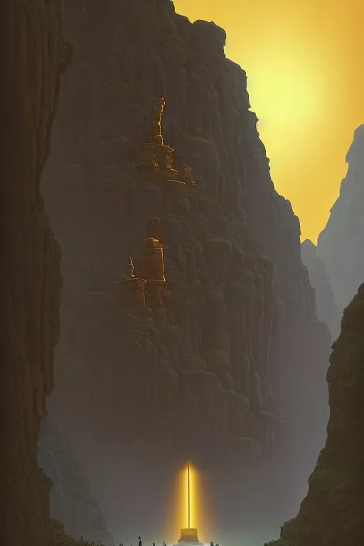 Prompt: ancient temple carved into canyon walls, monks standing around golden statue glowing yellow, light streaks in the sky, eclipse, dramatic lighting, artstation, matte painting, ralph mcquarrie, simon stalenhag