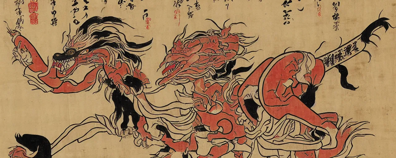 Image similar to an ancient papyrus depicting an infography of a japanese folklore demon, okami, ukiyo - e style