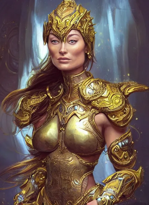 Image similar to a professional painting of a young Olivia Wilde, wearing skimpy ornate, detailed, intricate golden armor, olive skin, long dark hair, beautiful bone structure, symmetrical facial features, intricate, elegant, digital painting, concept art, smooth, nice background bokeh, illustration, from StarCraft by Ruan Jia and Mandy Jurgens and Artgerm and William-Adolphe Bouguerea