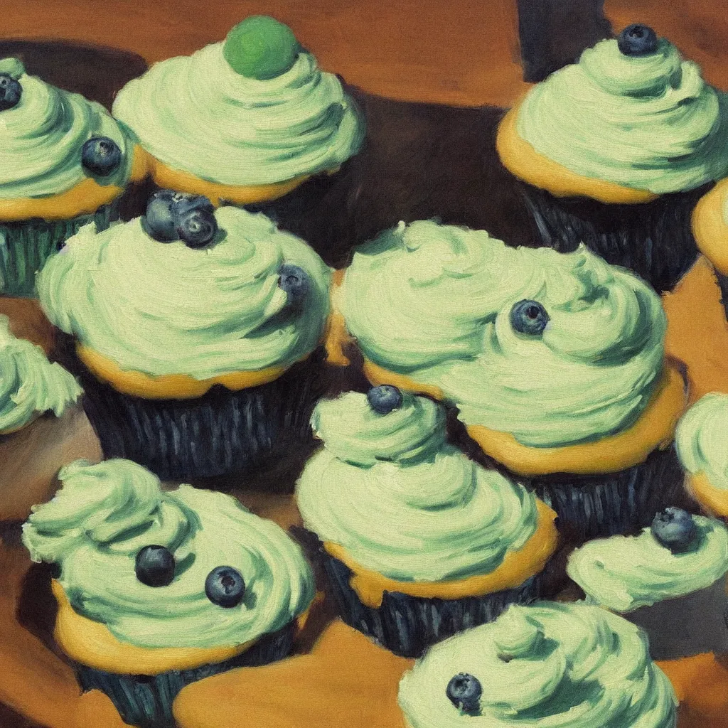 Image similar to a detailed painting study of one blueberry cupcakes with green creme topping by Edward Hopper