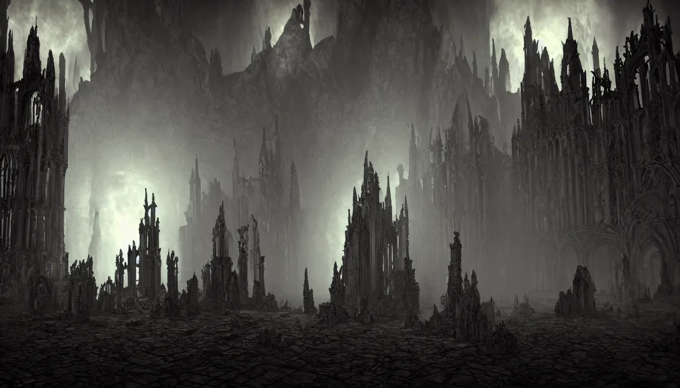 Prompt: dark gothic cathedral realm of darkness, side - scrolling 2 d platformer game level, sinister fog through the pillars, ancient temple ruins, dramatic midnight sun illuminates areas, volumetric light, detailed entangled bodies on walls, bleak decaying color, upscale, 8 k