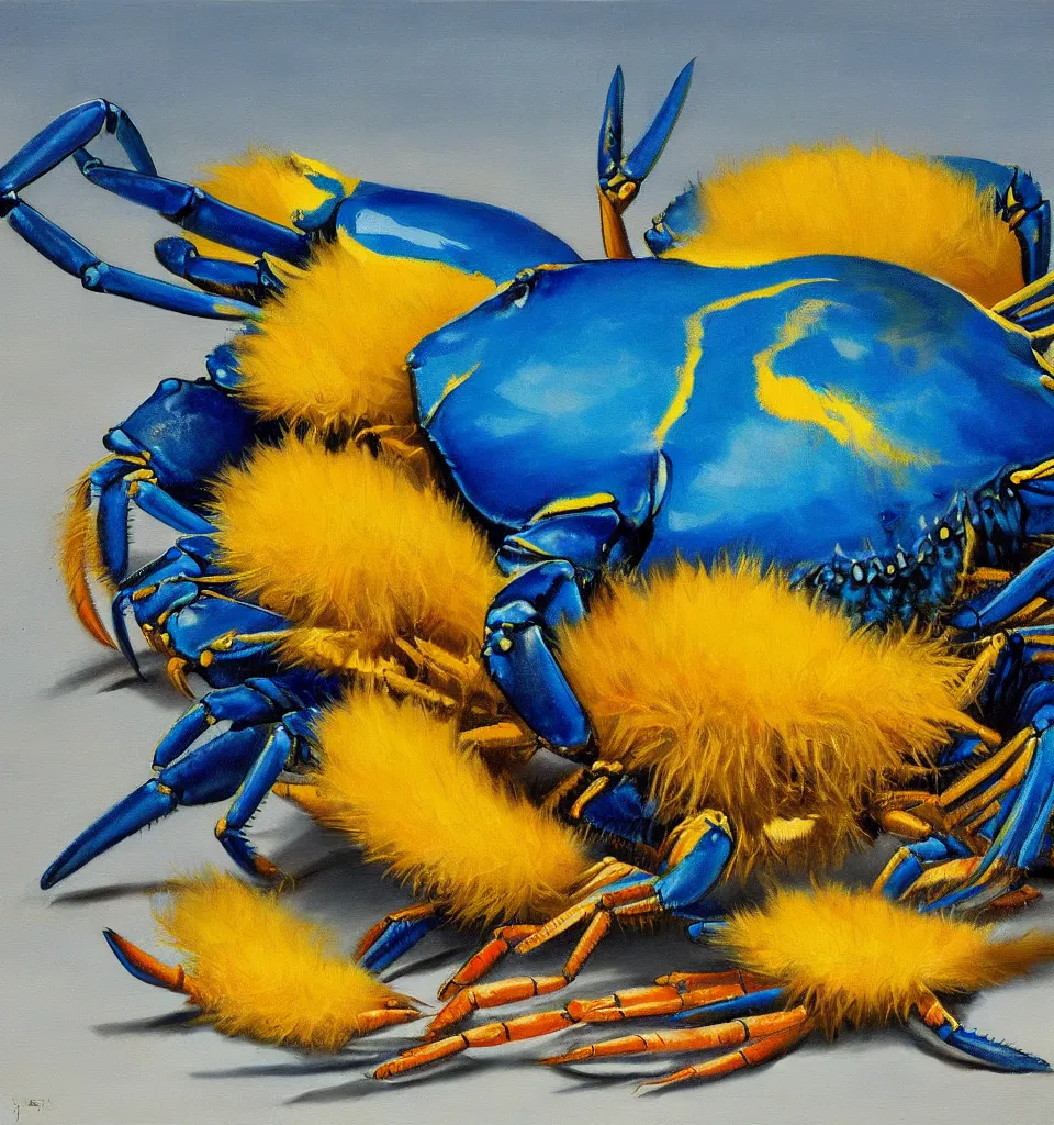 Image similar to still life painting of a blue fat fish crab lobster dancing with a yellow laughing duck rabbit on a white table, high contrast lighting, impressionism, real fur, real feather