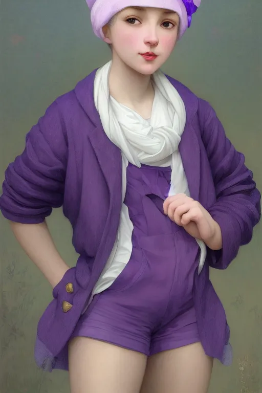 Image similar to Full View girl with short blond hair wearing an oversized purple Beret, Baggy Purple overall shorts, Short Puffy pants made of silk, silk shoes, a big billowy scarf, Golden Ribbon, and white leggings Covered in stars. Short Hair. masterpiece 4k digital illustration by Ruan Jia and Mandy Jurgens and Artgerm and william-adolphe bouguereau, award winning, Artstation, art nouveau aesthetic, Alphonse Mucha background, intricate details, realistic, panoramic view, Hyperdetailed, 8k resolution, intricate art nouveau