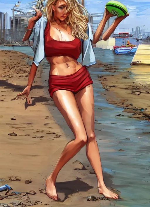 Prompt: , a gorgeous hulking woman with very long hip-length blonde hair, happy sunny day, wearing a cut-off white top and red dirt cut-off shorts standing by the water, beach tennis, modern architecture, in the style of artgerm and moebius and annie liebovitz, marvel comics, photorealistic, highly detailed, trending on artstation, Gediminas Pranckevicius