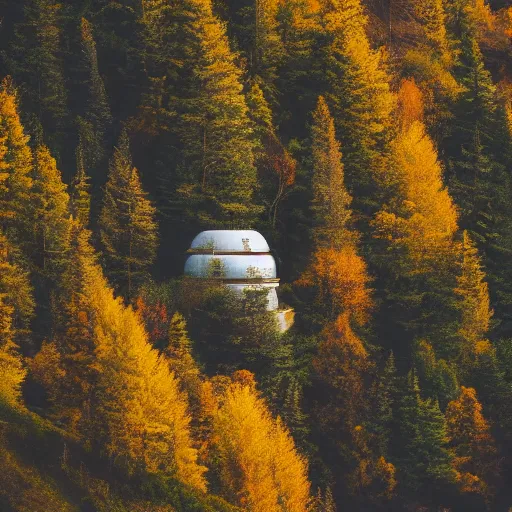 Image similar to sci fi round buildings in a steep sided valley with trees, a sense of hope and optimism, stark light, day time, unsplash, national geographic, hd, high res