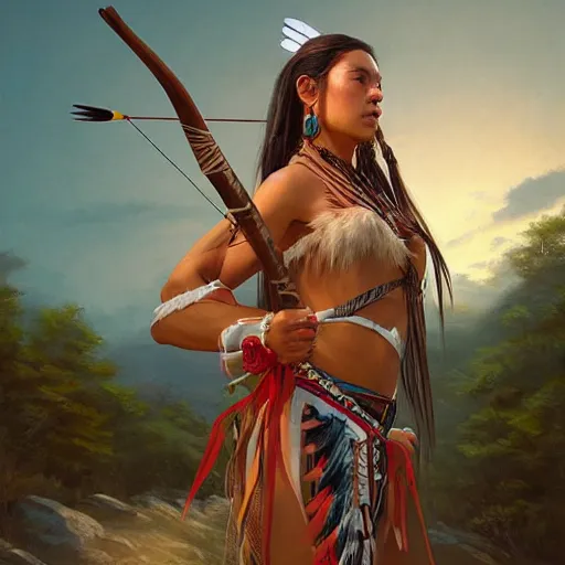 Image similar to a woman dressed in native american clothing holding a bow and arrow, a fine art painting by john clayton, ambient lighting, detailed face, by makoto shinkai, stanley artgerm lau, wlop, rossdraws