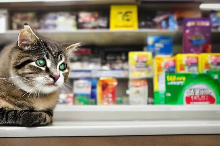 Image similar to cat on the counter in 7 - eleven next to a pack of cigarettes wide angle lens