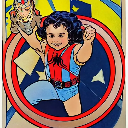 Image similar to a little girl with a mischievous face and light brown curly wavy hair. she is dressed as captain america, spider - man, batman, captain marvel, a superhero. well composed, clean elegant painting, beautiful detailed face. by steve ditko and jack kirby and alphonse mucha