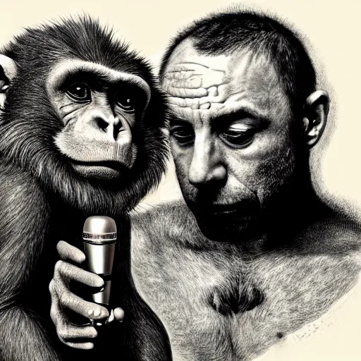 Prompt: Chimera of Joe Rogan and a monkey talking into a microphone, single subject, portrait, intricate, highly detailed, concept art, smooth, sharp focus