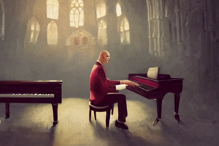 Image similar to an expressive portrait of agent 4 7 playing the piano in a monastery, dark background, red rim light, digital art, artstation, concept art by giger stalenhag