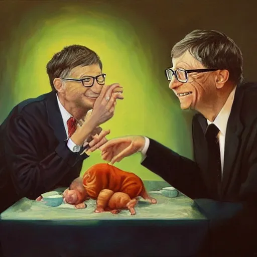 Image similar to masterful oil painting of bill gates eating babies while he talks to the devil, scary