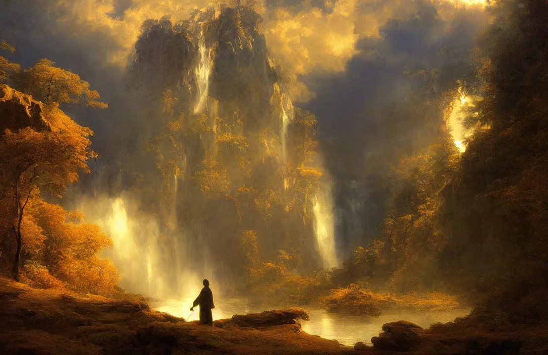 Prompt: a huge arc far away in an albert bierstadt inspired landscape detailed dreamscape, hyperreal phantastic landscape, golden ratio, high aestehtic, waterfall cascades, cinematic light dramatic light, trending on artstation