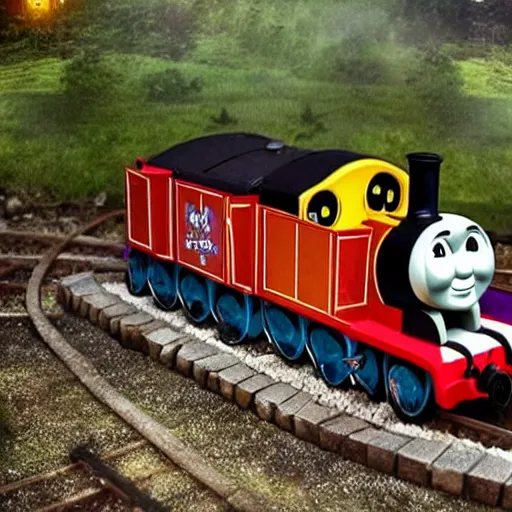 Image similar to thomas the tank engine in a graveyard gothic makeup majestic scenery high detail glow mist