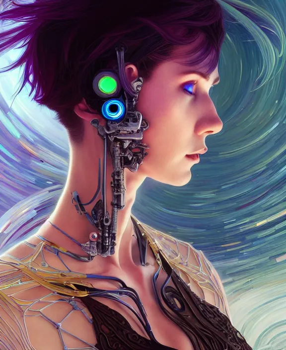 Prompt: a whirlwind of souls rushing inside the metaverse, half body, jewelry, fashionable short haircut, android, cyborg, cyberpunk face, by loish, d & d, fantasy, intricate, elegant, highly detailed, colorful, vivid color, digital painting, artstation, concept art, art by artgerm and greg rutkowski and alphonse mucha