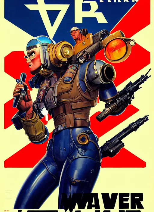 Image similar to american propaganda poster. cyberpunk mech pilot. portrait by jean giraud and anton otto fischer and john philip falter and will eisner and gil elvgren and pixar. realistic proportions. character art. science fiction d & d. tf 2, overwatch, rb 6 s, cyberpunk 2 0 7 7, blade runner 2 0 4 9.