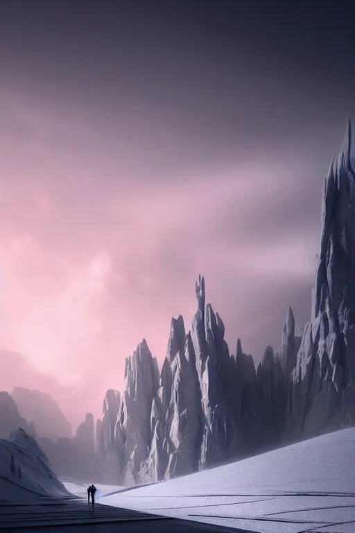 Prompt: futuristic atmosphere in the snowy mountains dolomites 3 d concept art, cinematic lighting, pastel pink sunset, rule of thirds, depth of field, intricate details, building by zaha hadid, stormy weather, emissary space by arthur haas and bruce pennington and john schoenherr, cinematic matte painting, dark moody monochrome colors, trending on artstation, featured on behance