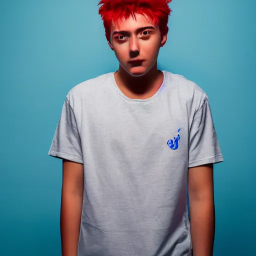 Prompt: a portrait of a teenager with cyan colored hair, white t - shirt with a no symbol on it, blue long pants and red shoes, holding a microphone, studio lighting, photoshoot, grey backdrop