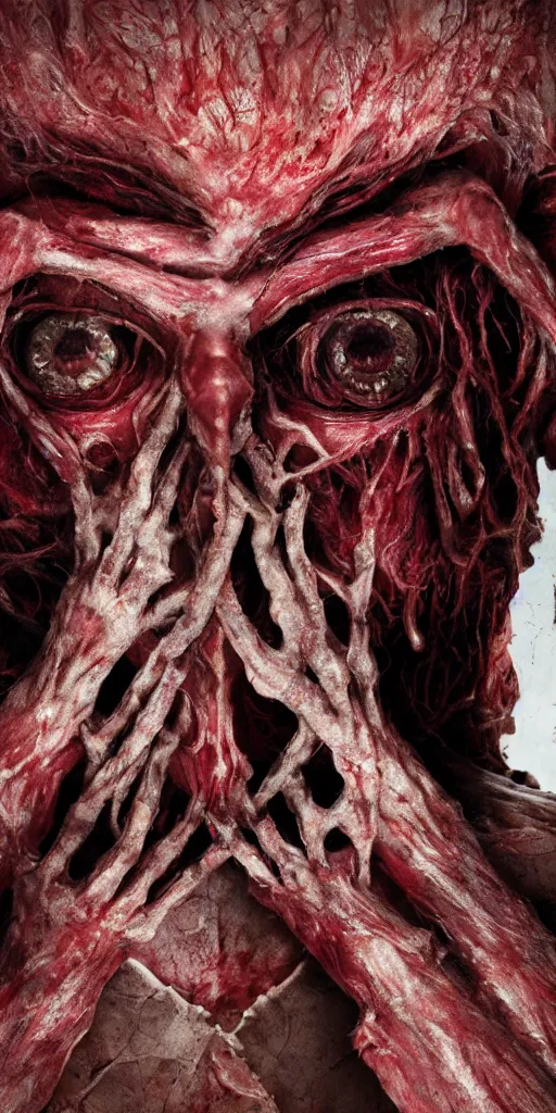 Prompt: looking through the window smiling photorealistic ultra detailed humanoid creature made of decomposed bloody flesh and bones, night, the woods, extremly detailed, 8 k, realistic, sharp focus, cosmic horror creature, cosmic horror, from the movie the thing, mysterious creature, bloody eyes, big eyes