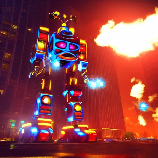 Image similar to Gigantic tin toy robot destroying new york at night, volumetric lighting, low angle looking up, unreal engine, H 1280