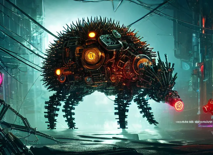 Image similar to giant intricate mechanical hedgehog with cybernetic enhancements and visible gears, on the background of a weird magical mechanical forest. Very detailed 8k. Fantasy cyberpunk horror. Sharp. Cinematic post-processing. Unreal engine. Nanite. Ray tracing. Parallax. Tessellation