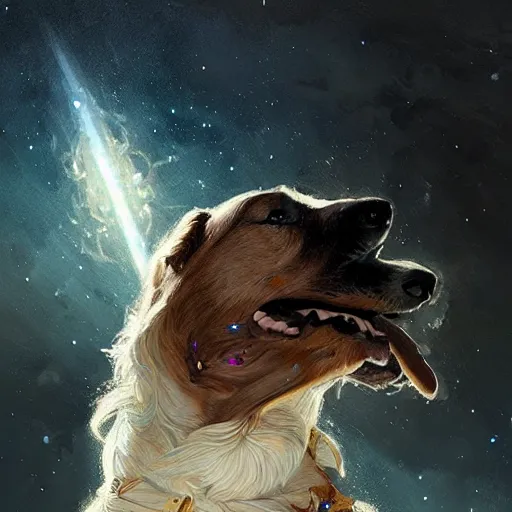 Image similar to portrait of a beautiful young dog falling into the stars by greg rutkowski, 4k, intricate details