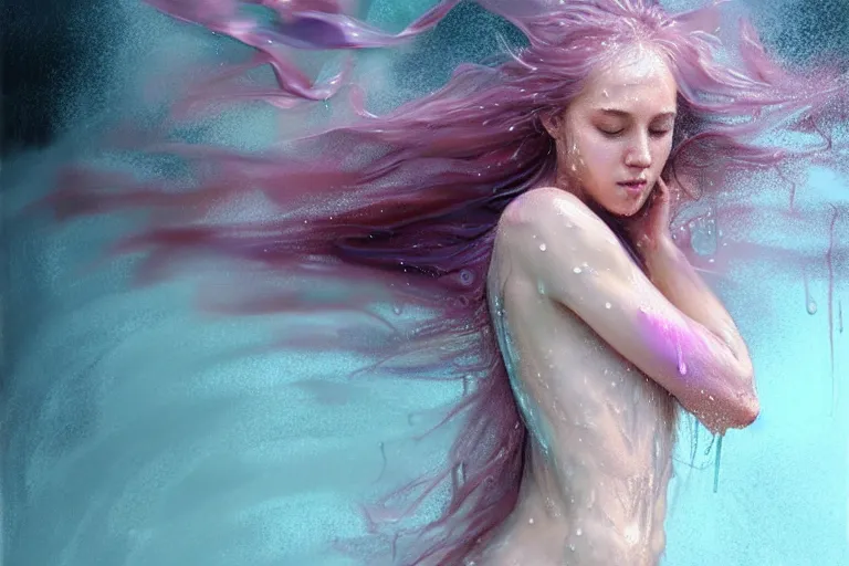 Image similar to girl flying freely in pastel rain with wet hair and face, splash, fantasy, captivating dynamic facial expression, intricate, elegant, dramatic lighting, emotionally evoking symbolic metaphor, highly detailed, lifelike, photorealistic, digital painting, artstation, concept art, smooth, sharp focus, illustration, art by John Collier and Albert Aublet and Krenz Cushart and Artem Demura and Alphonse Mucha
